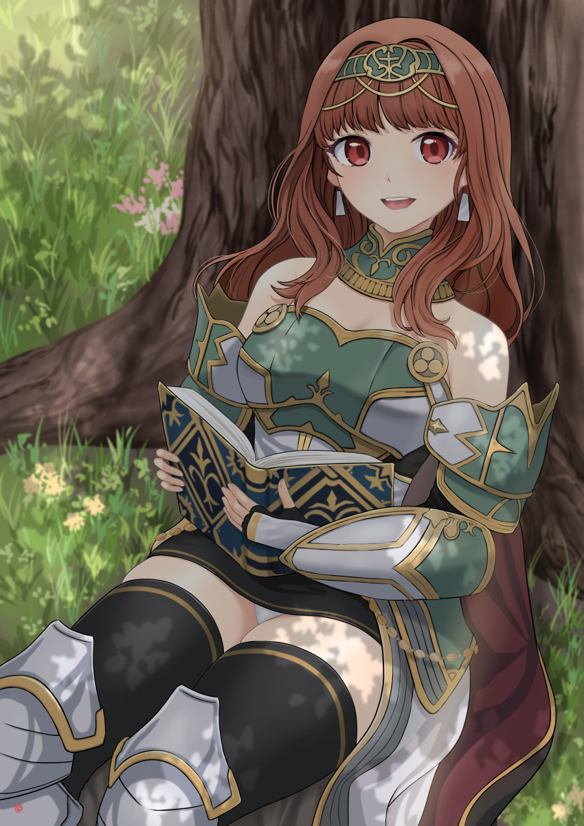 1girls absurdres alternate_costume armor bare_shoulders bare_thighs black_gloves black_skirt black_thighhighs blunt_bangs book breasts brown_hair cape celica_(fire_emblem) celica_(valentia's_hope)_(fire_emblem) circlet cleavage commission earrings feet_out_of_frame female female_only fingerless_gloves fire_emblem fire_emblem_echoes:_shadows_of_valentia fire_emblem_heroes gloves green_armor highres holding holding_book jewelry leg_armor looking_at_viewer medium_breasts miniskirt nao_suke nintendo official_alternate_costume on_grass open_book outdoors panties pantyshot red_eyes shoulder_armor skeb_commission skirt smile solo teeth thighhighs thighs tree underwear upper_teeth_only upskirt white_panties