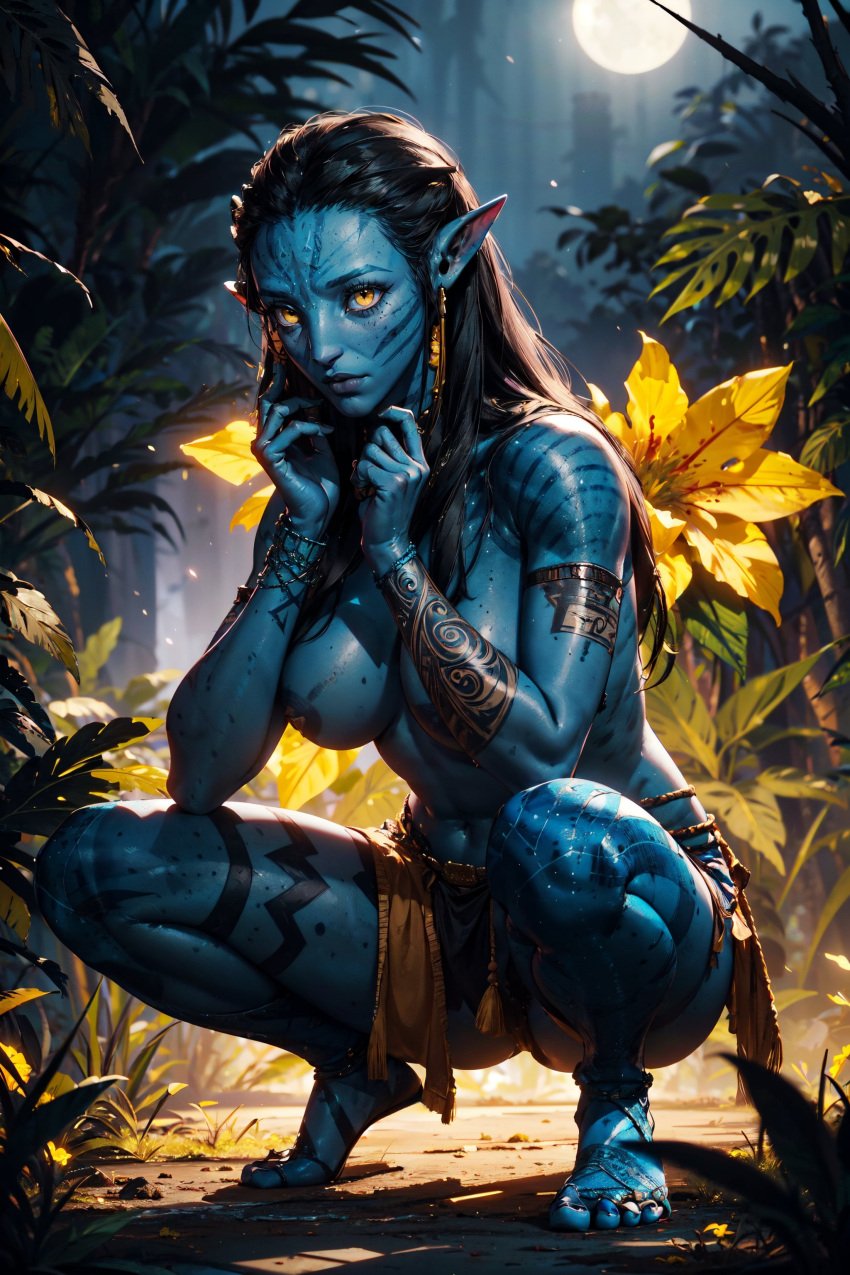 1girls ai_generated alien alien_girl alien_only avatar avatar:_the_way_of_water blue_cat blue_skin cleavage female long_hair looking_at_viewer na'vi neytiri no_bra sarella squatting