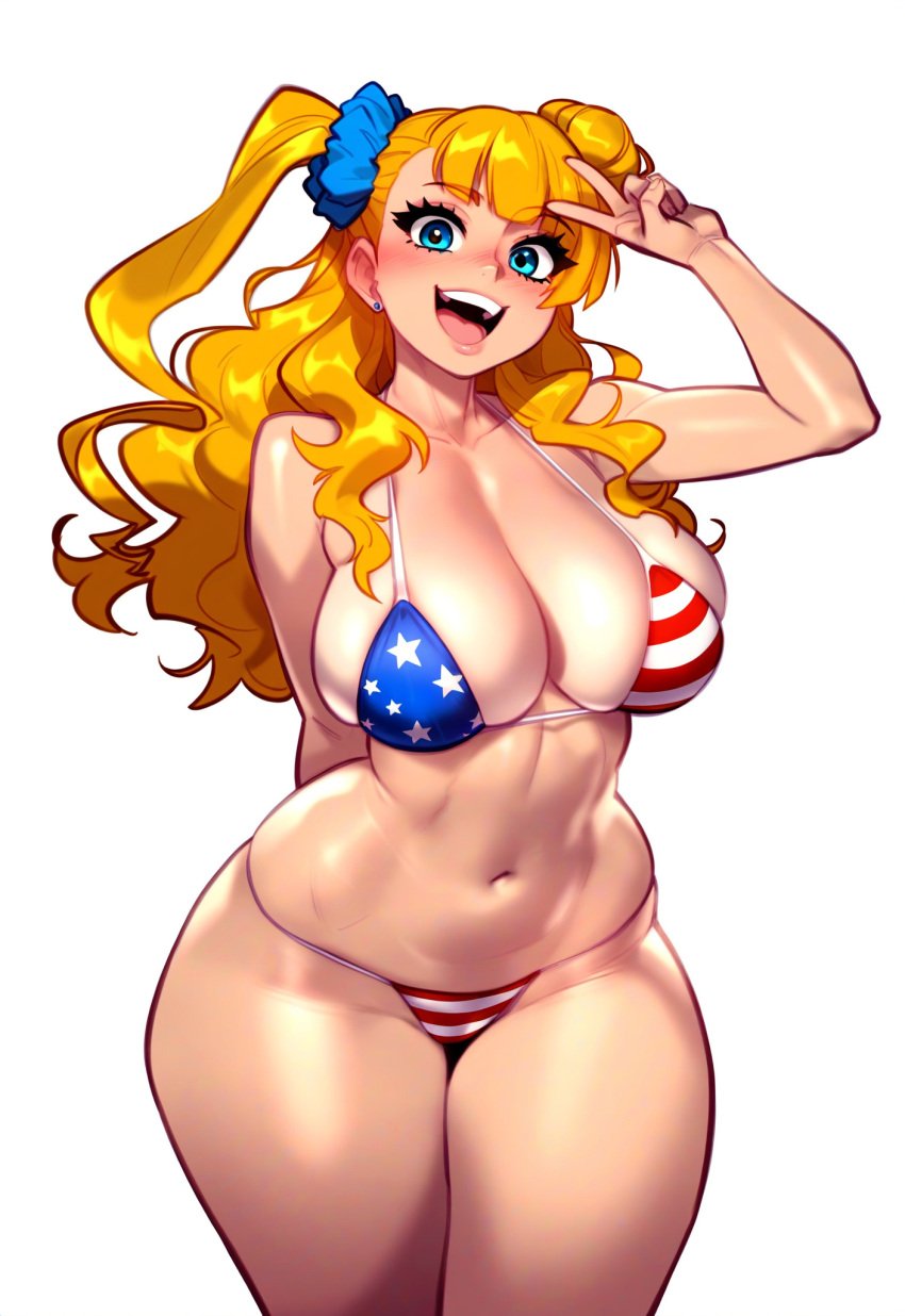 ai_generated american_flag_bikini blonde_hair galko gyaru oshiete!_galko-chan peace_sign self_upload simple_background tanned viriai