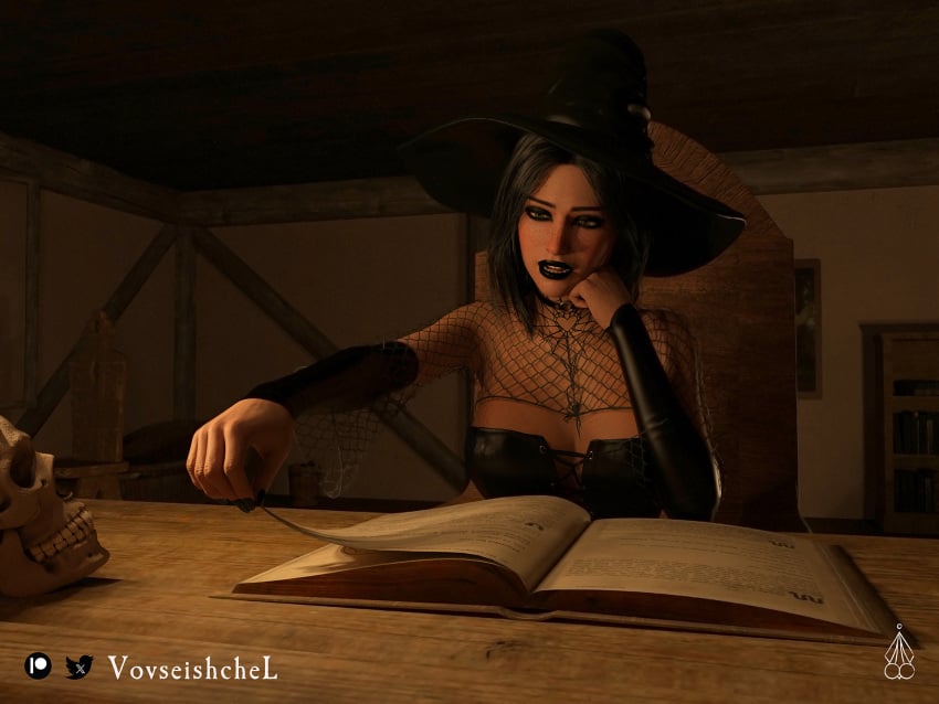 3d dark_hair fantasy green_eyes original original_character piercing tattoo vovseishchel witch