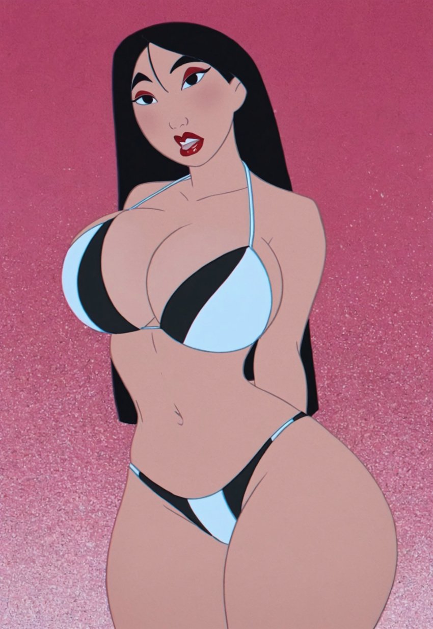 1girls ai_generated asian asian_female background big_breasts big_thighs bikini black_eyes black_hair bra chinese chinese_female curvy curvy_figure disney disney_princess eyeliner eyeshadow fa_mulan huge_breasts hyper_breasts large_breasts lipstick long_hair makeup mulan mulan_(1998_film) pink_background red_eyeshadow red_lipstick seductive seductive_face seductive_look semi_nude simple_background solo solo_female straight_hair tagme thick_body thong wide_hips