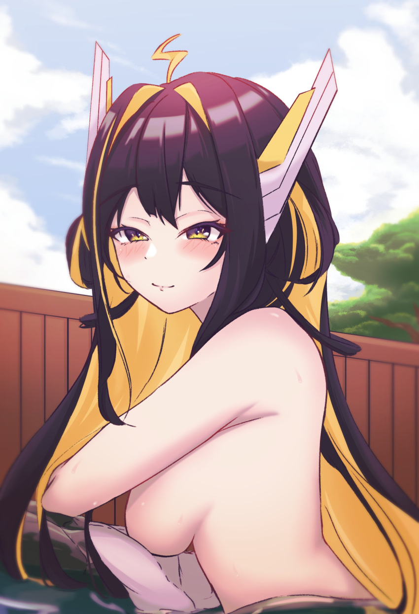 1girls big_breasts black_hair blonde_hair blush breasts e-sekai eel_girl female female_only hot_spring idol-en idol_corp juna_unagi light-skinned_female light_skin onsen outdoors solo trrlwd two_tone_hair virtual_youtuber water yellow_eyes