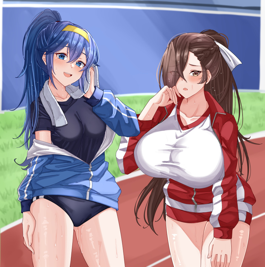 2girls alternate_costume alternate_hairstyle blue_eyes blue_hair breasts brown_eyes brown_hair female female_only fire_emblem fire_emblem_awakening fire_emblem_fates huge_breasts kagero_(fire_emblem) lucina_(fire_emblem) nintendo ponytail rynn_(darknescorez) small_breasts sportswear sweat