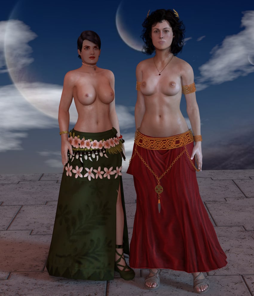 2girls 3d 3d_(artwork) alien_(franchise) ancient annalee_call blue_skirt breasts casual_topless deviantart ellen_ripley full_body jc-starstorm public_topless red_skirt skirt_only topless topless_female