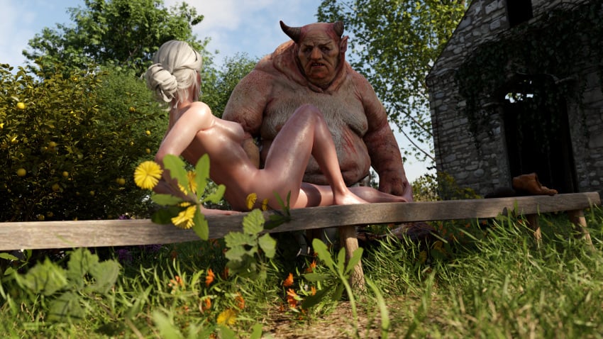 3d ass belethor's_smut breasts ciri completely_nude female green_eyes light-skinned_female mascara_tears monster nipples nude outdoors penis scar sword the_witcher_(series) the_witcher_3:_wild_hunt white_hair