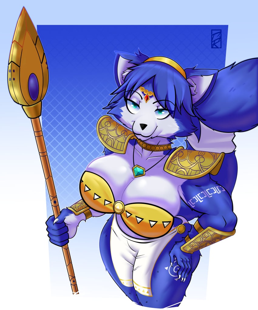 1girls amulet armor armored_gloves big_breasts blue_eyes blue_fur bra breasts cleavage female female_only fox fox_ears fox_girl fox_tail fur furry furry_only grindardot hand_on_hip huge_ass huge_boobs huge_breasts krystal loincloth looking_at_viewer nintendo solo solo_female solo_focus spear star_fox tagme tail thick_thighs wide_hips