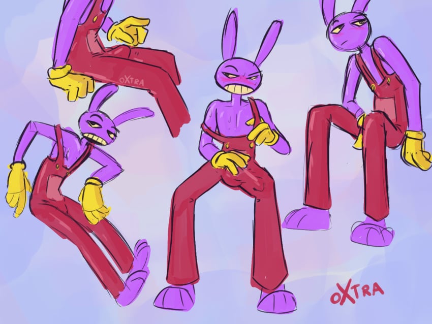 4_fingers anthro big_mouth_(anatomy) blush bodily_fluids bulge clothed clothing detailed_bulge eyebrows feet fingers frown genital_outline glitch_productions gloves grin handwear humanoid jax_(the_amazing_digital_circus) lagomorph leporid long_ears male male_only mammal overalls oxtra penis_outline pose purple_body purple_skin rabbit red_clothing red_overalls shoeless simple_background skinny slim slim_anthro slim_male smile solo solo_male sweat sweatdrop teeth the_amazing_digital_circus topless yellow_clothing yellow_eyes yellow_gloves yellow_handwear yellow_teeth