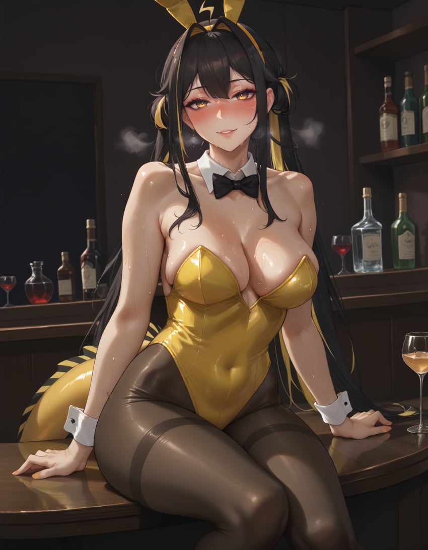 1girls ai_generated black_hair bunny_ears bunny_girl bunnysuit e-sekai eel_girl idol-en idol_corp juna_unagi large_breasts light-skinned_female tights virtual_youtuber vtuber yellow_eyes yellow_hair_ribbon