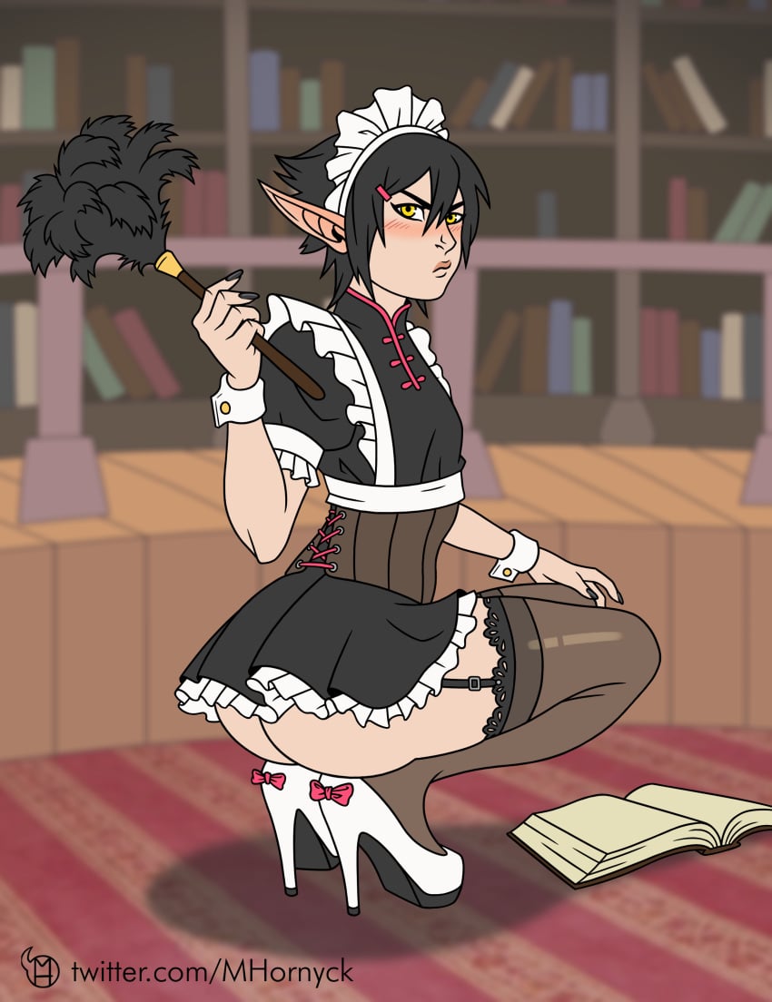 1boy absurd_res absurdres androgynous ass black_hair blush blushing book carpet commission duster femboy footwear french_maid headwear heels high_heels kneeling legs legwear library light-skinned_male light_skin maid male male_only mhornyck original original_character pointy_ears short_hair skirt tagme thigh_highs thighhighs twitter_link uniform yellow_eyes