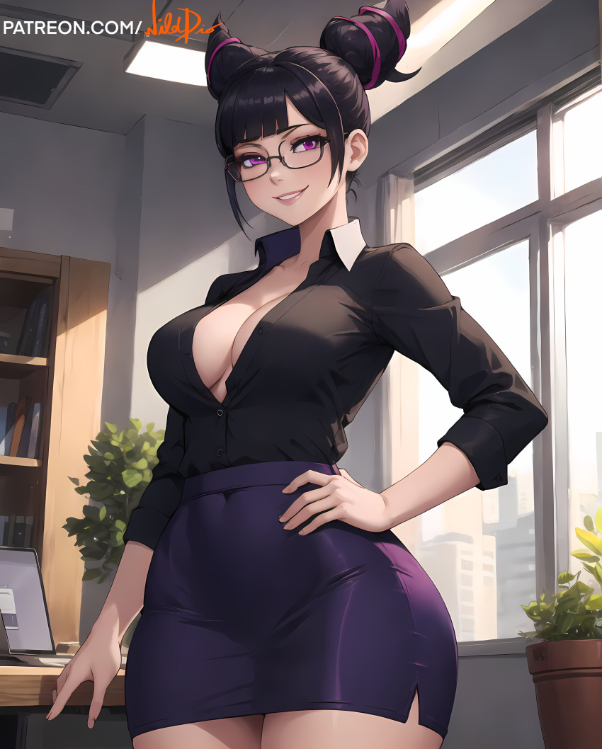 ai_generated big_breasts black_hair bob_cut female female_only formal formal_clothes formal_wear glasses juri_han leaning_back office_lady purple_eyes purple_hair sideboob skirt slim_waist smile smiling smiling_at_viewer street_fighter street_fighter_6 thick_thighs tied_hair tight_clothes two_tone_hair underboob wide_hips wilddio workplace