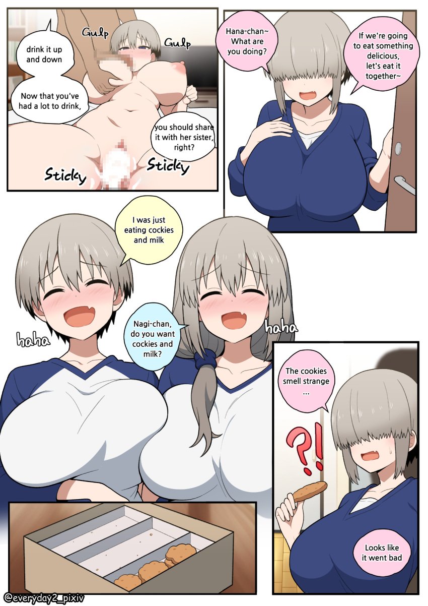 1boy 2girls asymmetrical_docking blue_shirt blush breast_press breasts censored completely_nude cookie cum cumdrip english_text everyday2 everyday2everyday2 faceless faceless_male food grey_hair hair_over_shoulder highres huge_breasts long_hair low_ponytail mosaic_censoring mother_and_daughter multiple_girls nipples nude oerba_yun_fang open_mouth penis shirt short_hair skin_fang straight uzaki-chan_wa_asobitai! uzaki_hana uzaki_tsuki uzaki_yanagi