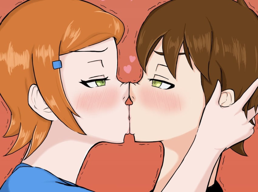 1boy 1girls ben_10 ben_tennyson blushing_at_another cartoon_network cousins eye_contact female french_kiss gwen_tennyson incest kiss kissing konami_yotsuba making_out male