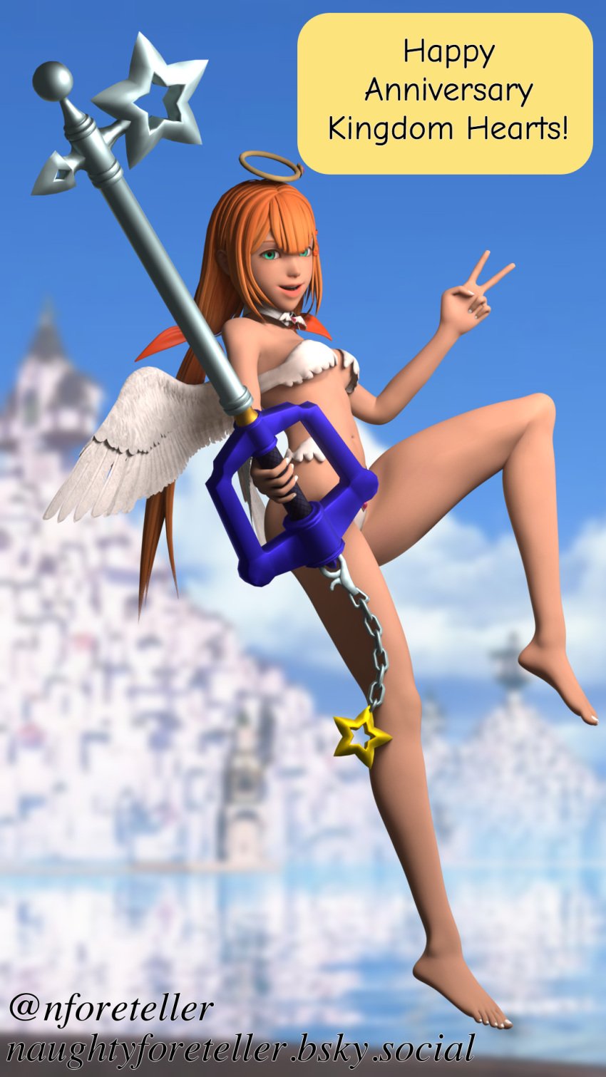 1girls 3d angel_costume angel_wings background blender feet halo keyblade kingdom_hearts naughty_foreteller peace_sign strelitzia