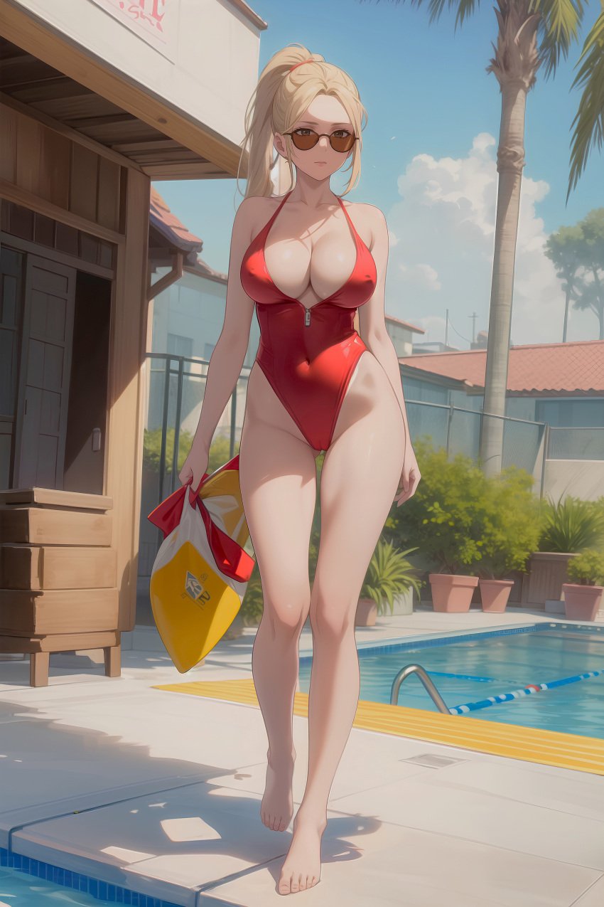 1girls ai_generated barefoot blonde_hair busty cameltoe cleavage female hi_res highres leotard lifeguard nipple_bulge original_character outdoors pixai ponytail pool solo standing sunglasses