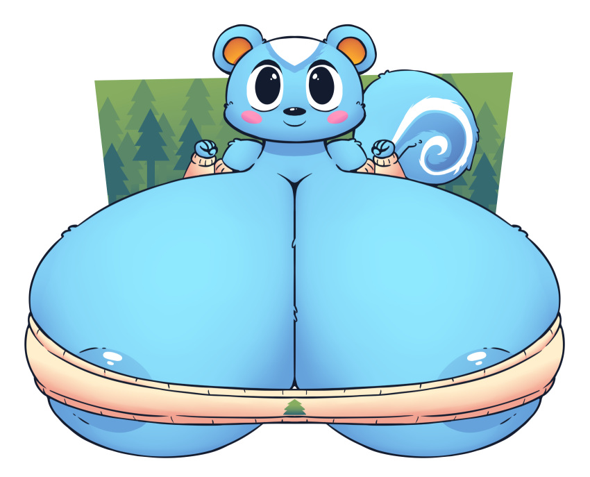 1boy almost_naked animal_crossing anthro anthrofied areola_peek big_areola blue_body blush_stickers breasts_bigger_than_head bust_portrait busty_boy filbert_(animal_crossing) hi_res huge_breasts huztar hyper hyper_breasts naked_sweater nintendo non-euclidean_border simple_background squirrel squirrel_tail sweater sweater_only two_tone_body