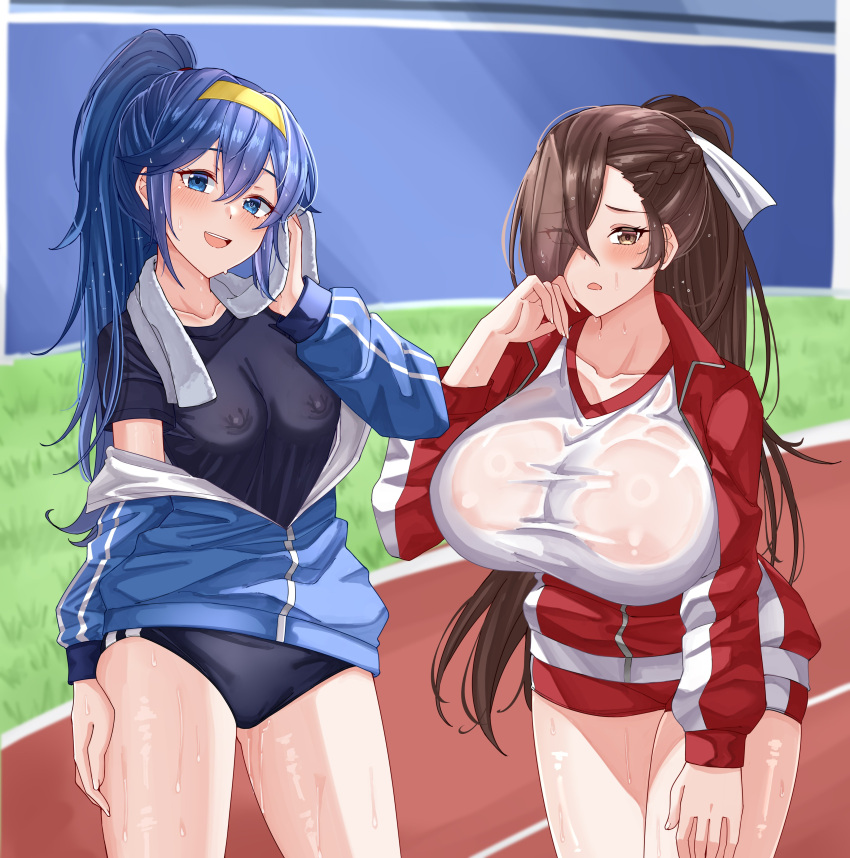 2girls alternate_costume alternate_hairstyle blue_eyes blue_hair breasts brown_eyes brown_hair female female_only fire_emblem fire_emblem_awakening fire_emblem_fates huge_breasts kagero_(fire_emblem) lucina_(fire_emblem) nintendo ponytail rynn_(darknescorez) see-through small_breasts sportswear sweat sweaty