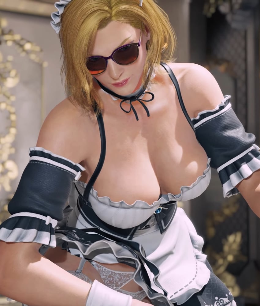 1girls 3d 3d_(artwork) big_breasts blonde_female blonde_hair blonde_hair_female brown-tinted_eyewear cleavage female female_only light-skinned_female light_skin maid maid_headdress maid_uniform milf mod namco nina_williams screenshot sunglasses tekken tekken_8 tinted_eyewear video_game_character video_game_franchise