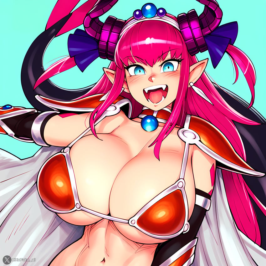 ai_generated armor big_breasts bikini blue_eyes blush breasts cape elizabeth_bathory_(brave) elizabeth_bathory_(fate) fate/grand_order fate_(series) horns long_ears long_hair open_mouth red_hair tail text tummy watermark xufuta_ai