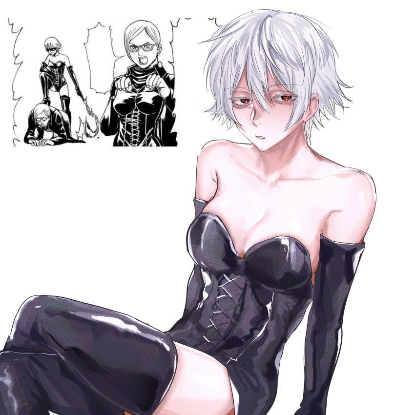 1boy 1girls black_gloves black_legwear black_leotard boots canon_genderswap cleavage crossed_legs dominatrix elbow_gloves female female_focus genderswap_(mtf) ginko_sakata gintama gintoki_sakata gloves leather leather_boots leather_clothing leather_gloves leotard manga_page medium_breasts official_alternate_costume official_art pale-skinned_female pale_skin red_eyes reference_image reference_inset rule_63 sarutobi_ayame sarutobi_ayao short_hair sitting solo_focus susu_gntm thigh_boots white_hair