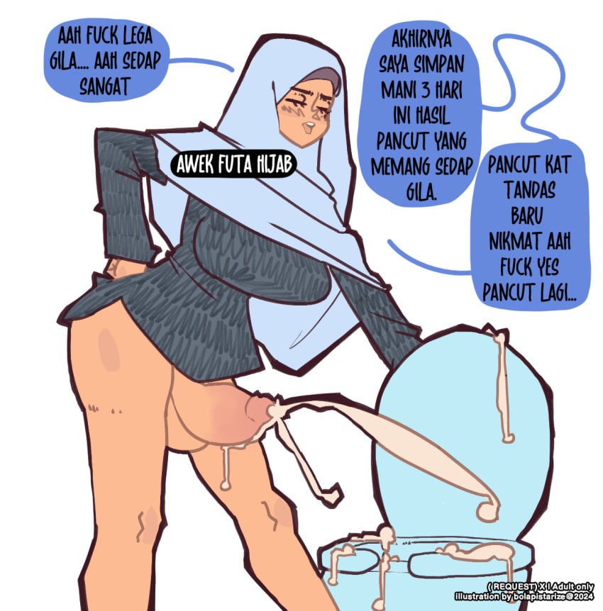 1futa balls bolapistarize bottomless bottomless_futanari breasts circumcised circumcised_futa closed_eyes clothed clothing cum cum_in_toilet dialogue ejaculation foreskin futa_only futanari hands-free handsfree_ejaculation hijab hijab_futa human light-skinned_futanari light_skin malay_text mostly_clothed muslim_futa orgasm penis pent_up retracted_foreskin smooth_balls smooth_penis solo standing text thick_cum toilet toilet_use tongue tongue_out topwear translation_request