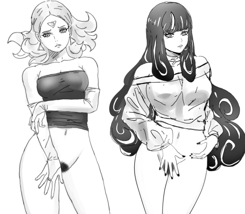 2girls ada_(boruto) bare_shoulders beauty_mark blunt_bangs boruto:_naruto_next_generations boruto:_two_blue_vortex bottomless bottomless_female breasts bridal_gauntlets choker cleavage covering covering_crotch covering_pussy covering_self curvaceous curvy curvy_body curvy_female curvy_figure delta_(boruto) earrings facing_viewer female female_only female_pubic_hair forehead_mark front_view lickliking messy messy_hair mole mole_under_eye monochrome mostly_nude multiple_girls nail_polish naruto naruto_(series) parted_bangs partially_clothed petite pubic_hair stray_pubic_hair sweater take_your_pick tubetop unusual_pupils wavy_hair wide_hips