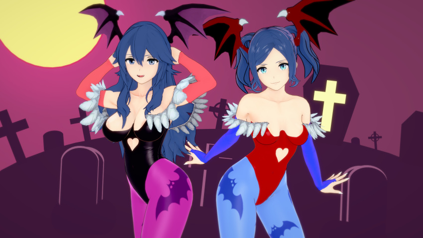 2girls 3d alternate_costume arms_behind_head bare_shoulders blue_eyes blue_hair breasts cosplay crossover cynthia_(fire_emblem) darkstalkers female female_only fire_emblem fire_emblem_awakening halloween halloween_costume koikatsu large_breasts leotard lilith_aensland_(cosplay) long_hair lucina_(fire_emblem) mike_oxlong more_at_source morrigan_aensland_(cosplay) multiple_girls open_mouth pantyhose pose shoulders siblings sisters small_breasts smile symbol-shaped_pupils twintails