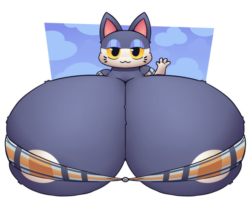 1boy almost_naked animal_crossing anthro anthrofied areola_peek big_areola blue_body breasts_bigger_than_head bust_portrait busty_boy button dark_blue_body felid feline half-closed_eyes hi_res huge_breasts huztar hyper hyper_breasts nintendo non-euclidean_border plaid plaid_shirt punchy_(animal_crossing) simple_background two_tone_body waving