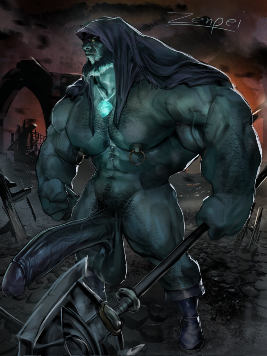 1boy balls bara beard big_balls big_penis boner erection hairy_chest huge_balls huge_cock league_of_legends male male_nipples male_only male_pubic_hair muscular_male nipple_piercing nipples nude penis riot_games solo solo_male yorick zenpei