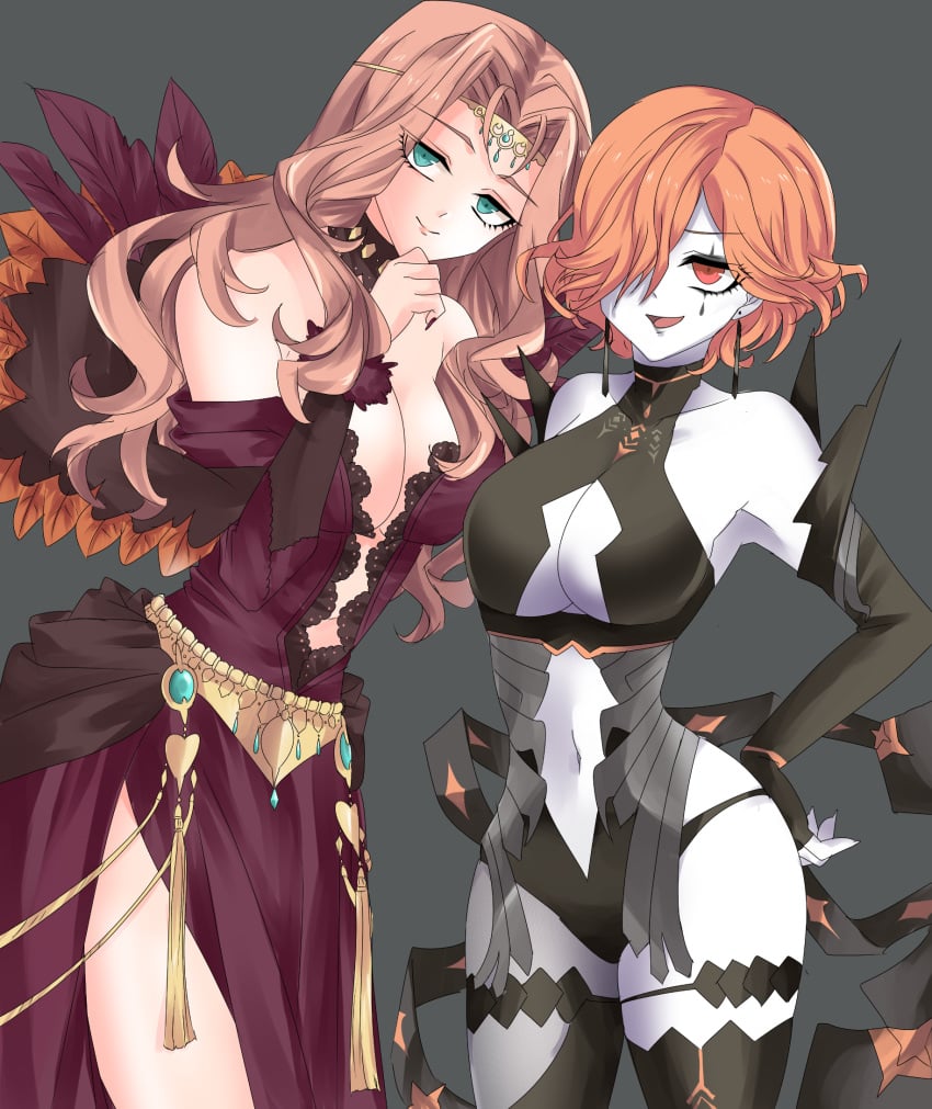 2girls arizigoku0627 armpits bare_thighs black_panties boots breasts brown_hair center_opening cleavage cornelia_arnim elbow_gloves female female_only fingerless_gloves fire_emblem fire_emblem:_three_houses gloves green_eyes hair_over_one_eye hand_on_own_face hourglass_figure kronya_(fire_emblem) large_breasts long_hair looking_at_viewer multiple_girls nail_polish nintendo orange_hair panties pelvic_curtain red_eyes red_nails short_hair smile thigh_boots thighs underwear wide_hips