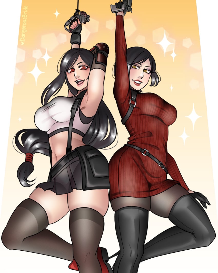 2girls ada_wong ada_wong_(adriana) arm_behind_head arm_up armpits black_hair capcom crossover dangerousbride female female_only final_fantasy final_fantasy_vii final_fantasy_vii_remake high_heel_boots long_hair looking_at_viewer red_eyes red_lipstick resident_evil resident_evil_4 resident_evil_4_remake smiling smiling_at_viewer sparkles square_enix stockings thick_thighs thigh_squish tied_hair tifa_lockhart very_high_resolution yellow_eyes