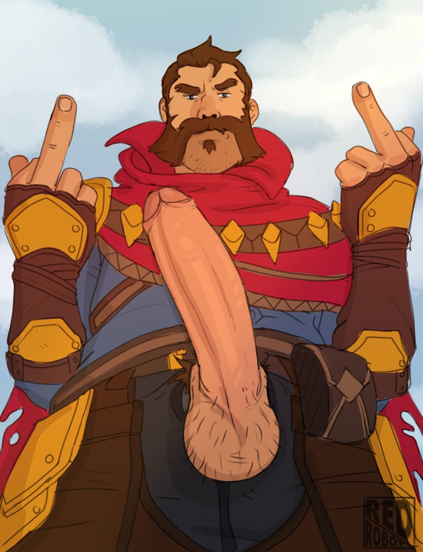 1boy balls bara beard big_balls big_penis bulge clothing erection hairy_balls league_of_legends malcolm_graves male male_only male_pubic_hair middle_finger muscular_male penis red_robot riot_games