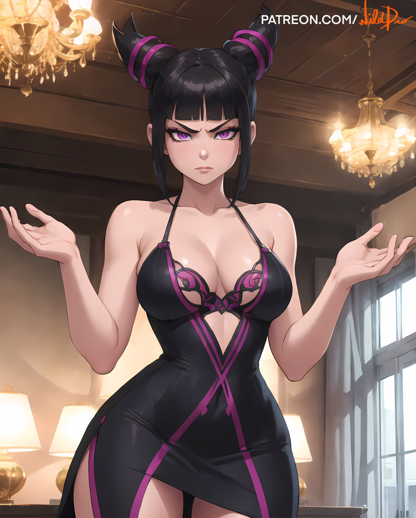 ai_generated bare_arms bare_shoulders bare_thighs big_ass big_breasts big_butt black_hair blush bob_cut dress female female_only juri_han long_dress looking_at_viewer one_piece_dress purple_eyes purple_hair slim_waist street_fighter street_fighter_6 thick_hips two_tone_hair wide_hips wilddio