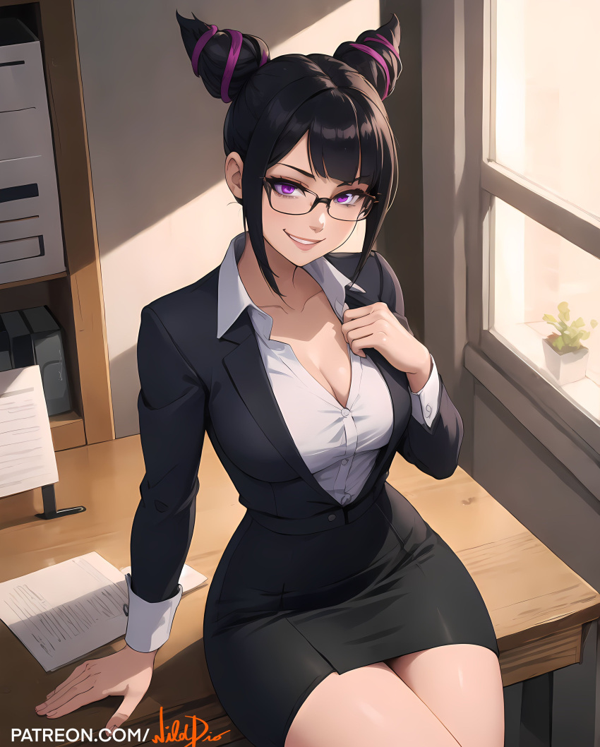 ai_generated big_breasts black_hair bob_cut female female_only formal formal_clothes formal_wear glasses juri_han leaning_back office_lady purple_eyes purple_hair shirt_only sideboob sitting skirt slim_waist smile smiling smiling_at_viewer street_fighter street_fighter_6 thick_thighs tied_hair tight_clothes two_tone_hair underboob wide_hips wilddio workplace