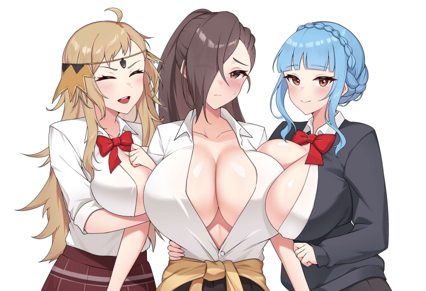 3girls alternate_costume blonde_hair blue_hair breasts brown_eyes brown_hair chym39 cleavage closed_eyes commission female female_only fire_emblem fire_emblem:_three_houses fire_emblem_fates fire_emblem_heroes huge_breasts kagero_(fire_emblem) large_breasts marianne_von_edmund nintendo ophelia_(fire_emblem) simple_background white_background