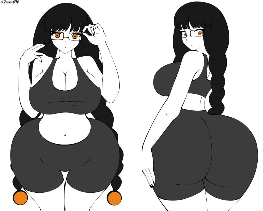 1girls 2d ass ass_focus big_ass big_breasts big_butt black_hair braid breasts curvy curvy_female glasses gym_shirt gym_shorts halloween_girl_(zonen404) highres huge_ass huge_boobs huge_breasts huge_butt large_ass large_boobs large_breasts large_butt long_hair looking_back orange_eyes original_character solo solo_female tagme thick_ass thick_butt thick_thighs tight_clothes twin_braids wide_hips zonen404