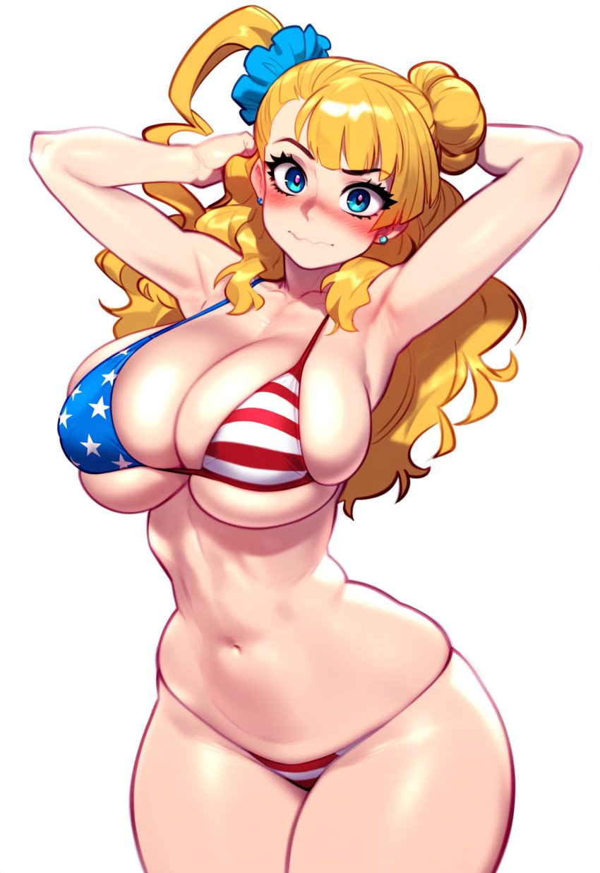 ai_generated american_flag_bikini blonde_hair blue_eyes blush galko gyaru oshiete!_galko-chan self_upload simple_background viriai wavy_mouth