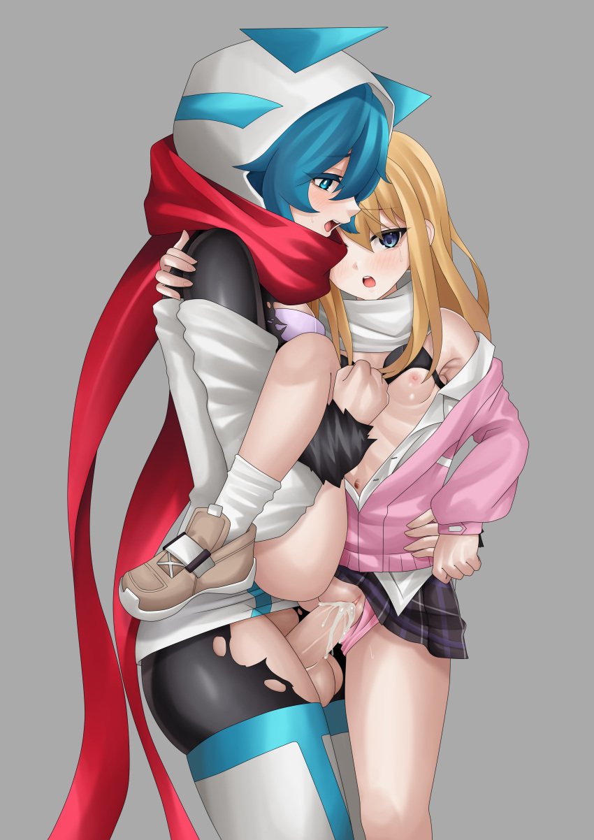 1futa 1girls absurdres areolae bardanv3 bare_shoulders blonde_hair blue_eyes blue_hair bodystocking boots bra breasts chrono_ark chrono_ark clothed clothed_sex clothing collared_shirt commission commissioner_upload crossover cum cum_in_pussy duo erection female futa_on_female futanari highres human jacket leg_lift light-skinned_female light-skinned_futanari light_skin long_hair lucy_(chrono_ark) medium_hair mostly_clothed multiple_girls navel nipples non-web_source one_step_from_eden open_clothes open_mouth panties partially_clothed penis scarf selicy_(one_step_from_eden) sex shirt shoes simple_background small_breasts sneakers socks standing standing_on_one_leg standing_sex tears thigh_boots thighs torn_clothes underwear vaginal_penetration