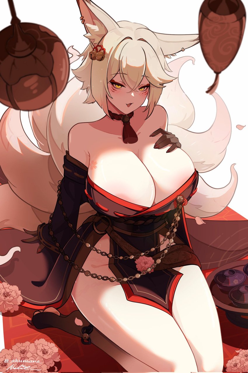 akumana big_breasts blonde_hair ear_piercing earrings foxgirl kitsune tail thighs