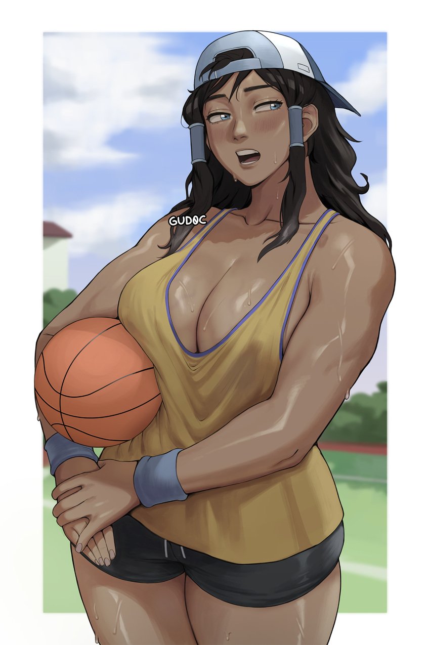 1girls avatar_legends backwards_baseball_cap ball basketball big_breasts blue_eyes breast_press breasts brown_hair cap cleavage clothed curvy dark-skinned_female dark_hair female female_focus female_only gud0c hair_down hair_tubes korra large_breasts long_hair muscular_female nipple_bulge open_mouth outdoors shorts sleeveless solo solo_female solo_focus sweatdrop sweating sweaty sweaty_body sweaty_breasts sweaty_thighs tank_top the_avatar the_legend_of_korra thighs tomboy twintails water_tribe