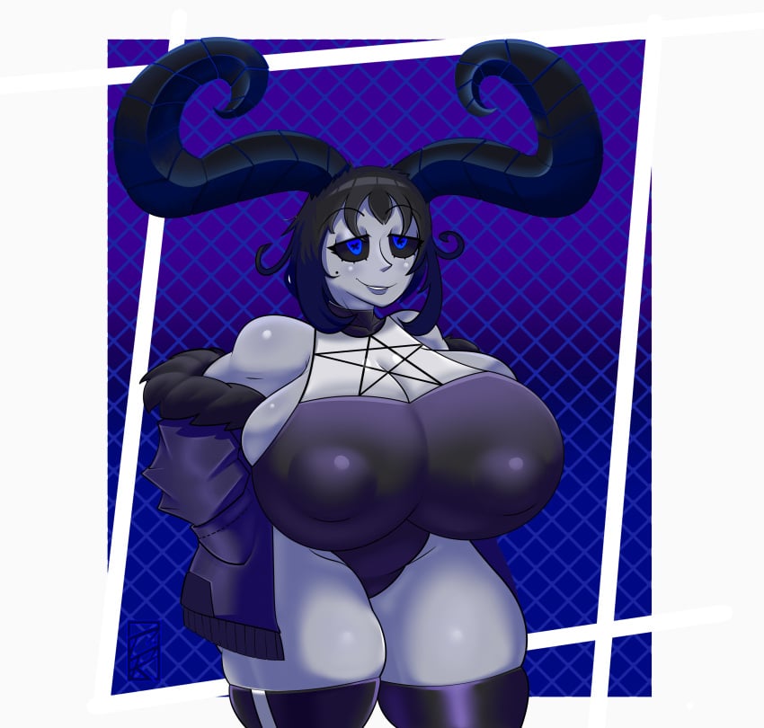 1girls big_breasts big_horns blue_eyes breasts demon demon_girl demon_horns female_only grey_body grey_skin grindardot huge_boobs huge_breasts jacket leggings legwear leotard nipples_visible_through_clothing pentagram short_hair short_hair_female solo solo_female solo_focus tagme