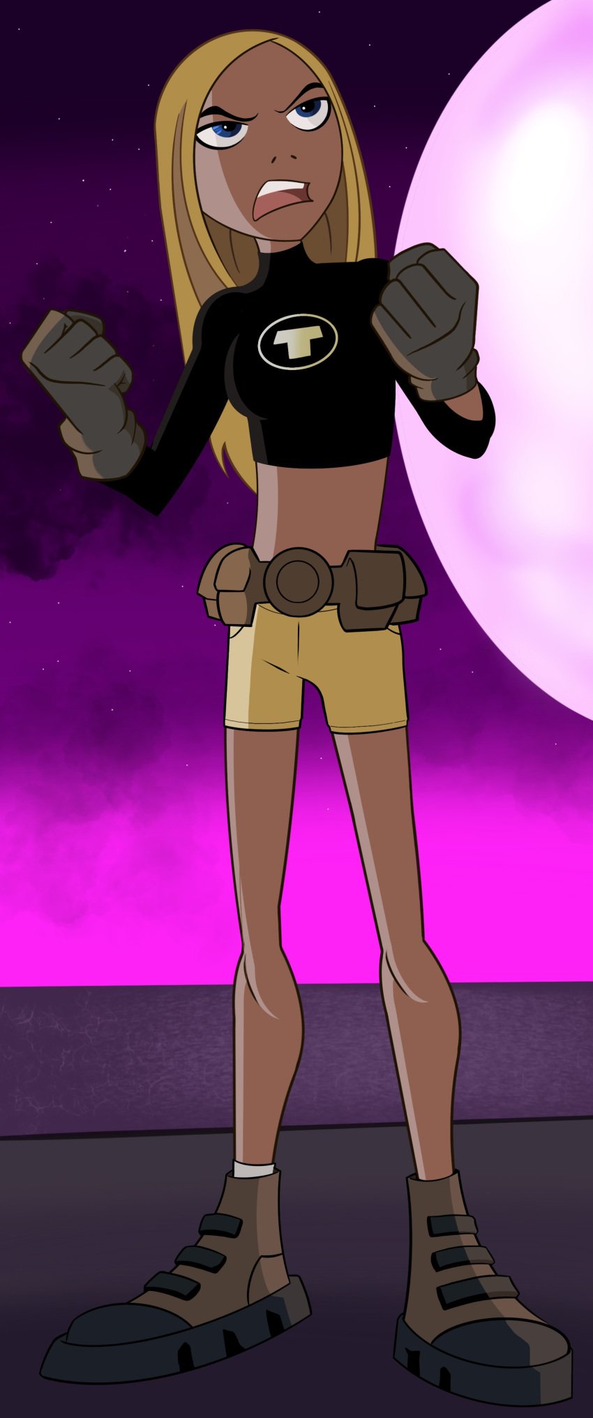 1girls artist_request belt clothed clothing dc dc_comics dressed female female_only footwear handwear human pale_skin pink_sky solo tara_markov teen_titans teen_titans_(television_series) terra_(dc) white_girl