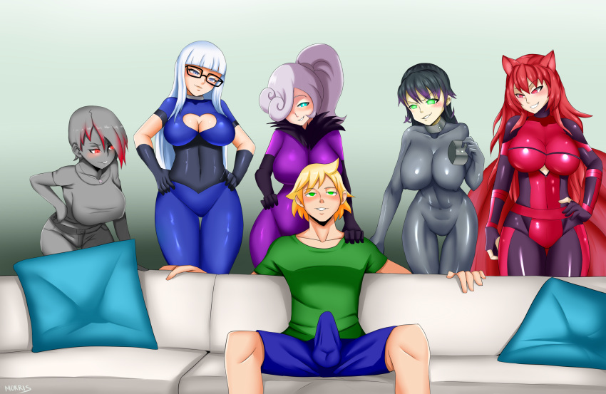 1boy 5girls anno_(anno) black_hair blonde_hair blue_eyes bodysuit boots breasts bulge cleavage collar couch dahypnoman_(dahypnoman) elbow_gloves empty_eyes erect_nipples erection erection_under_clothes erection_under_clothing femdom fingerless_gloves fox_girl gentle_femdom gentle_mommy gloves glowing glowing_eyes graybot green_eyes grey_hair hair_covering_one_eye happy_trance high_heel_boots high_heels imminent_sex jaclyn_(corruptionprincess) jade_(aetheria_jade) kitsune_girl large_breasts latex latex_gloves long_hair malesub meme mistress_velai_(darknessneon/penken) morris multiple_doms opera_gloves original parody penis red_eyes red_hair seth_(darknessneon) short_hair shorts sitting tech_control white_hair