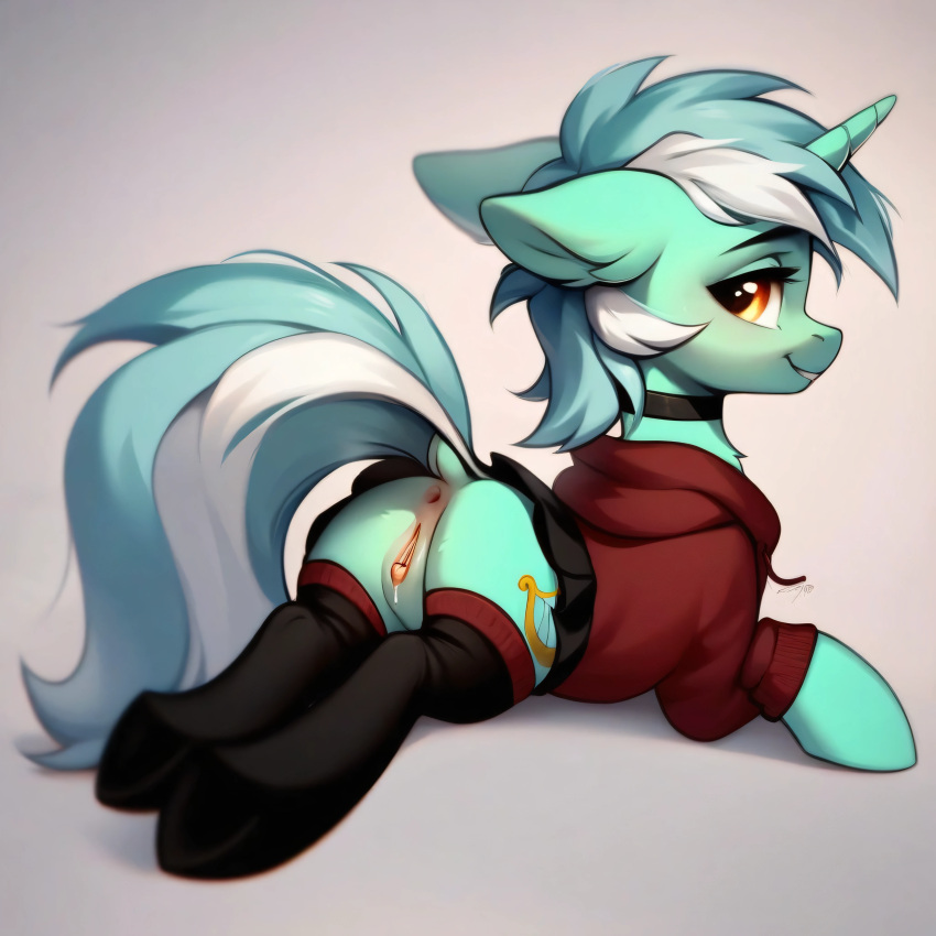 ai_generated anus ass choker female female_only feral feral_only friendship_is_magic fur furry furry_only green_body green_fur green_hair hasbro horn lyra_heartstrings_(mlp) my_little_pony pussy quadruped socks sweatshirt tail white_hair yellow_eyes