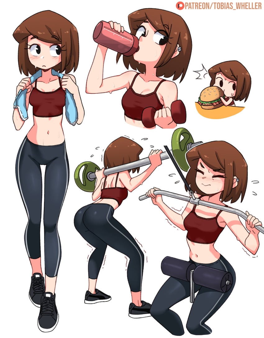 ass belly_button brown_hair burger cassie_(tobias_wheller) cleavage ear_piercing food hamburger leggings midriff navel original sweat sweating thigh_gap tobias_wheller towel water_bottle weightlifting working_out workout workout_clothes