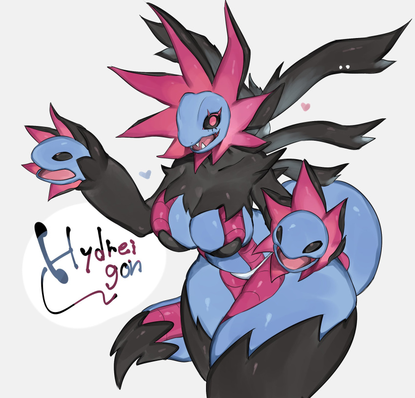 1girls anthro big_breasts black_sclera english_text female female_only generation_5_pokemon hi_res hydreigon looking_at_viewer multi_head nintendo pink_eyes pokémon_(species) pokemon simple_background solo text thick_thighs toge77789 togetoge