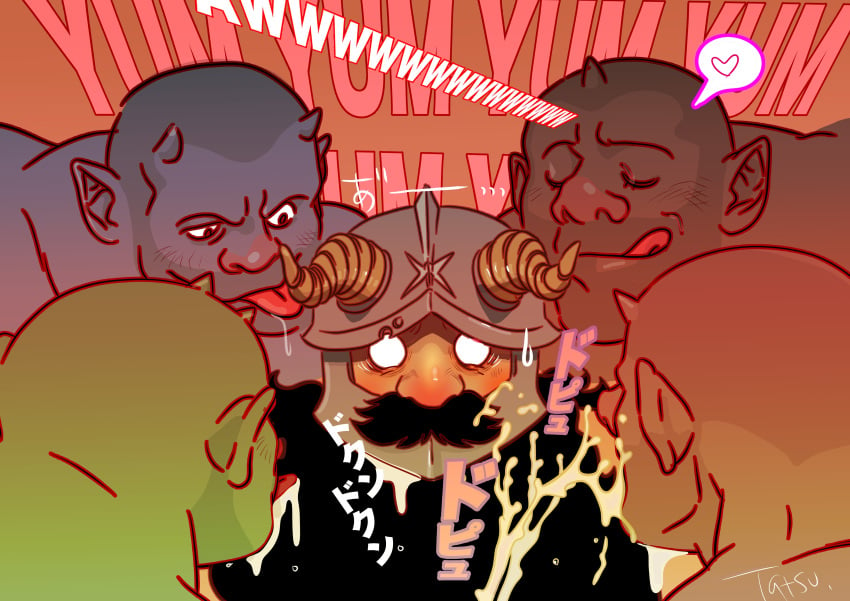 5boys absurdres bara beard blank_eyes blush brown_hair buzz_cut colored_skin cum da_(arttatsu1) dark-skinned_male dark_skin derivative_work dungeon_meshi dwarf english_text facial_hair fake_horns fantasy green_skin heart helmet highres horned_helmet horns interspecies licking_lips long_beard male_focus mixed-language_text multiple_boys multiple_languages orc projectile_cum saliva screenshot_redraw senshi_(dungeon_meshi) short_hair skin-covered_horns solo_focus sound_effects spoken_heart thick_mustache tongue tongue_out tusks very_long_beard very_short_hair yaoi