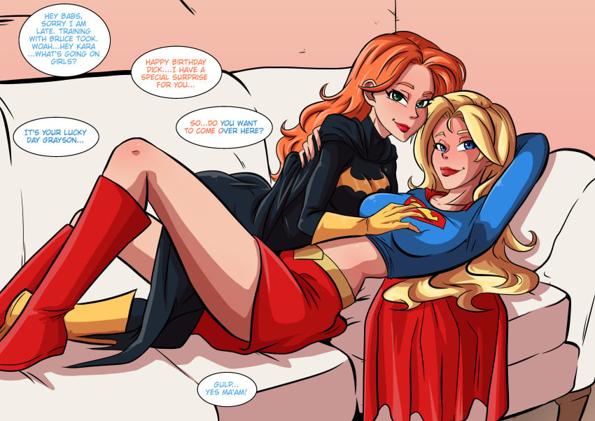 1boy 2girls barbara_gordon bare_midriff batgirl blonde_hair blue_eyes canon_couple clothed dc dc_comics dick_grayson english_text female fully_clothed green_eyes imminent_sex kara_danvers kara_zor-el kara_zor-l male midriff midriff_baring_shirt nightwing red_hair skirt supergirl superheroine text unseen_male wacum yuri