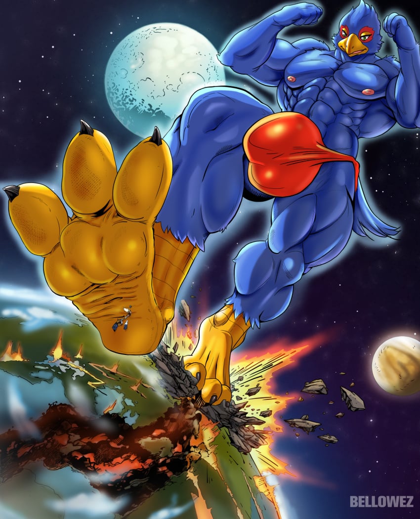 absurd_res anthro avian bellowez bird blue_body bulge clothing destruction detailed_bulge falco_lombardi feet hi_res looming low-angle_view macro male moon muscular muscular_male nintendo nipples non-mammal_nipples planet raised_arm rampage solo speedo star_fox stomping swimwear togepi1125