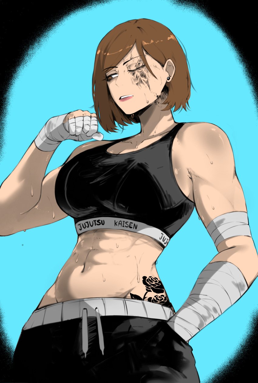 1girls abs anime athletic athletic_female big_breasts blind_eye breasts color color_edit exercise exercise_clothing female female_focus female_only handicapped jujutsu_kaisen kugisaki_nobara light-skinned_female light_skin manga masoq095 medium_hair muscular_female one_eye_closed scar_over_eye solo solo_female solo_focus sweating sweaty toned toned_female training