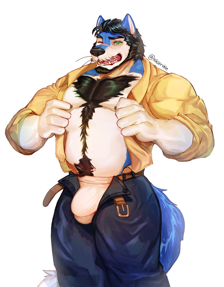 absurd_res anthro body_hair bottomwear canid canine canis chest_hair clothing grumpy hi_res male male_only mammal muscular nikittyiringiro solo tight_bottomwear tight_clothing underwear wolf